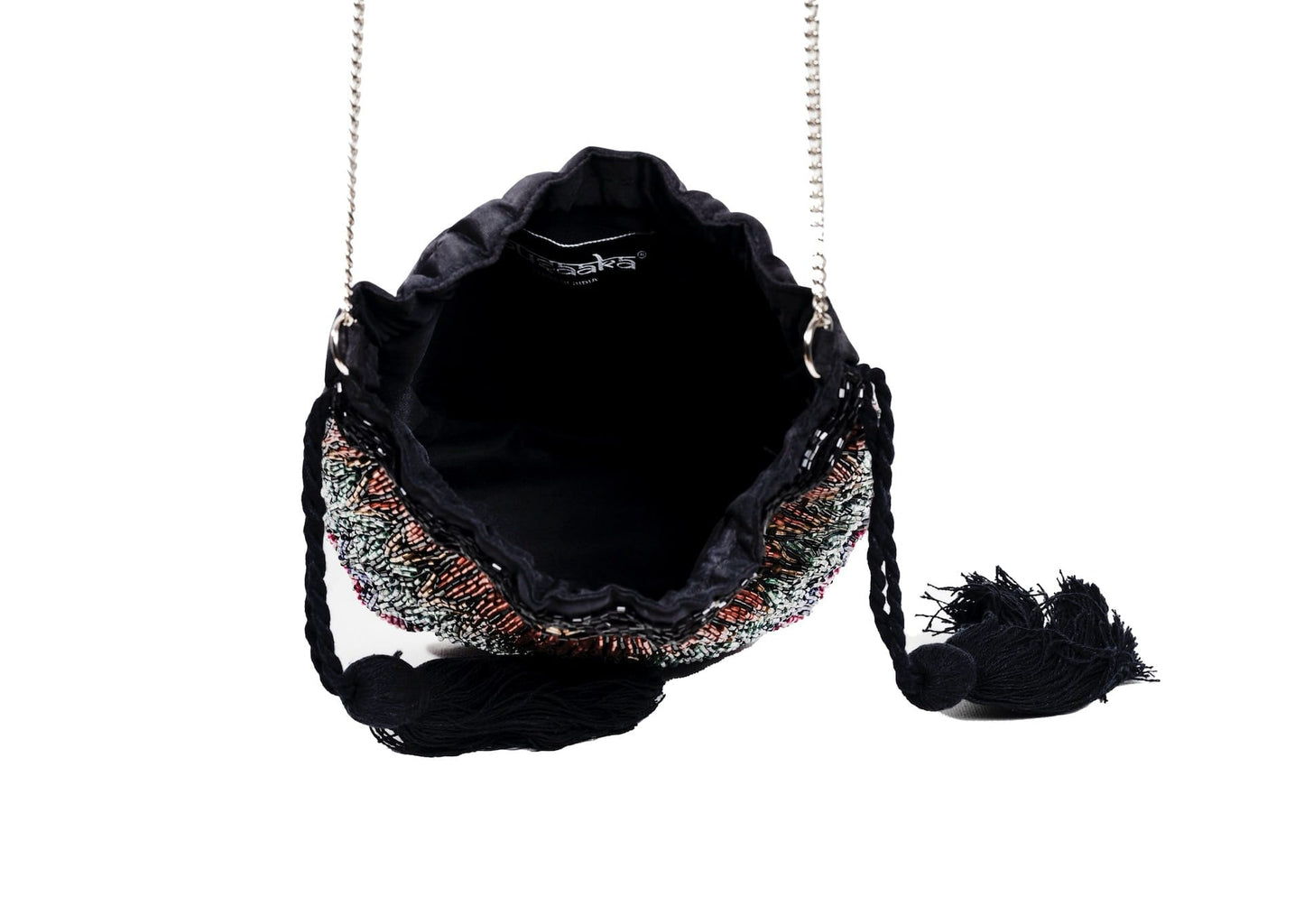 Inside view of cascading midnight black and copper beadwork on a drawstring bag, Agra artisan craft.
