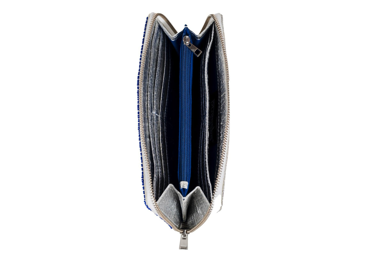 Different compartments in handcrafted Gujarati silver beadwork wallet with red star motifs, premium Indian accessory.