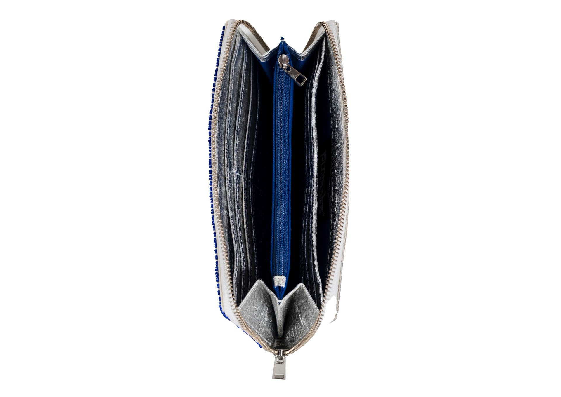 Different compartments in handcrafted Gujarati silver beadwork wallet with red star motifs, premium Indian accessory.