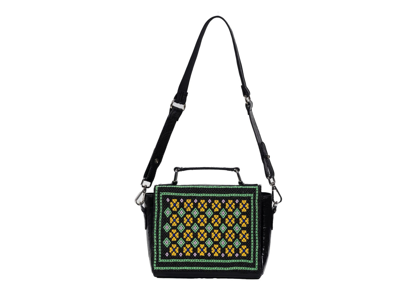Geometric Czech glass bead patterns on a black structured bag showing strap length, traditional Saurashtra handicraft.