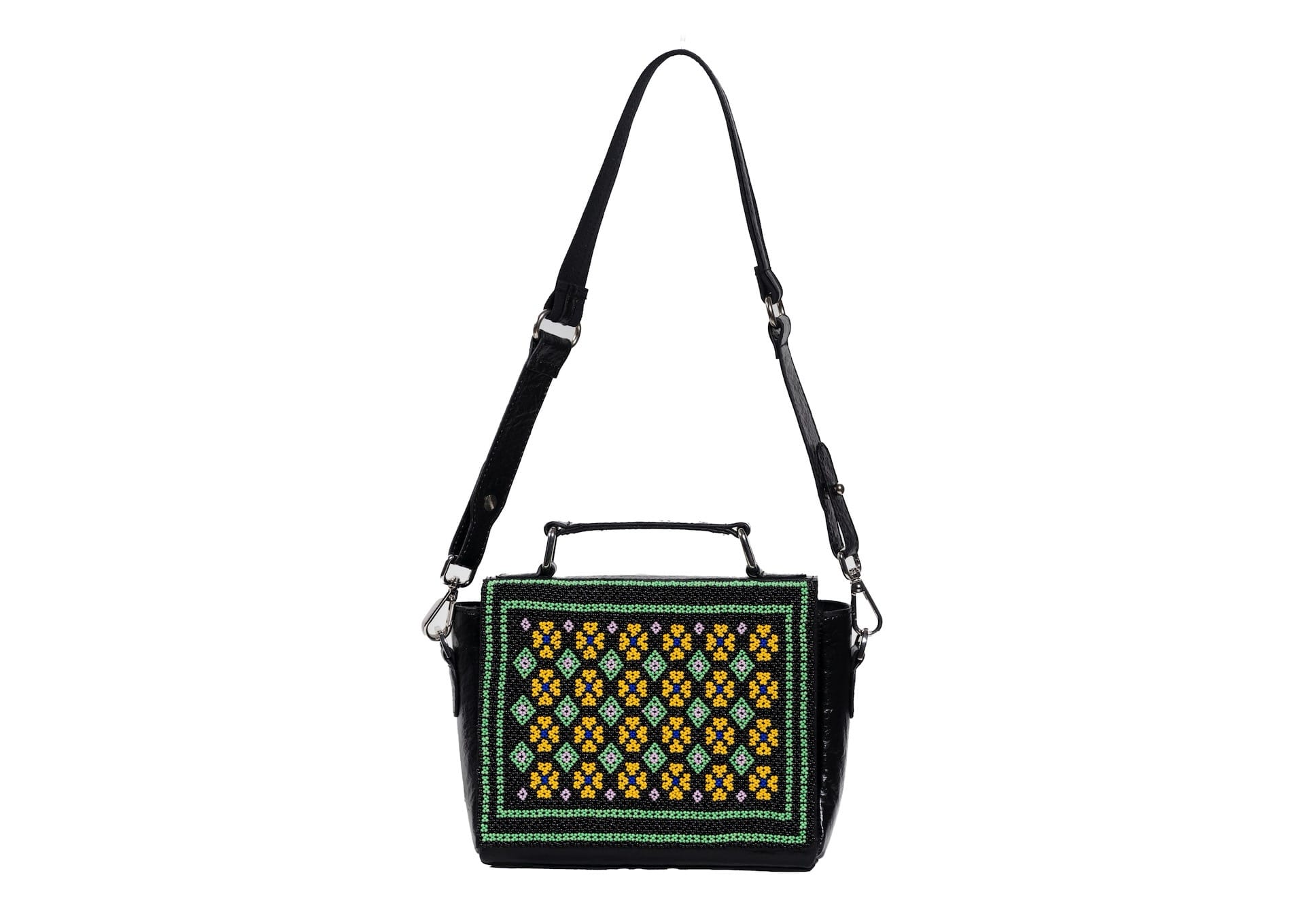 Geometric Czech glass bead patterns on a black structured bag showing strap length, traditional Saurashtra handicraft.