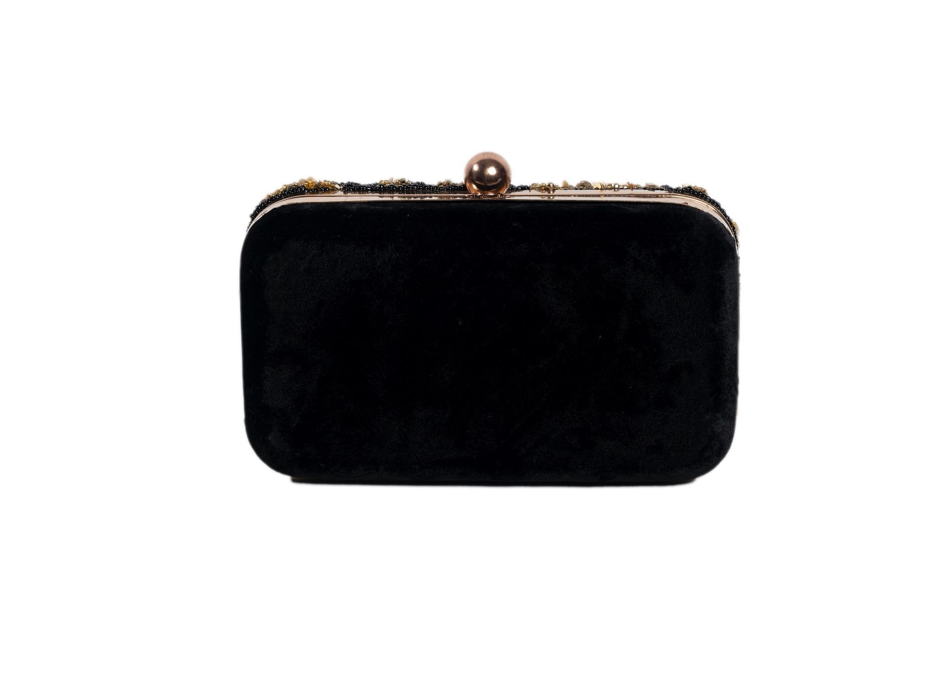 Rear view of black evening clutch with crimson rose floral beadwork, premium Indian handcrafted accessory.