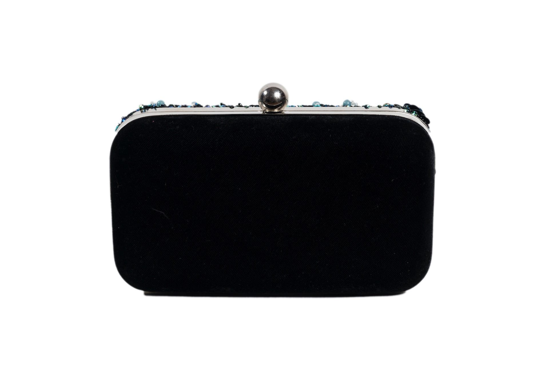 Rear view of deep teal evening clutch with vibrant wildflower beadwork, premium Indian handcrafted accessory.