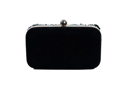 Rear view of deep teal evening clutch with vibrant wildflower beadwork, premium Indian handcrafted accessory.