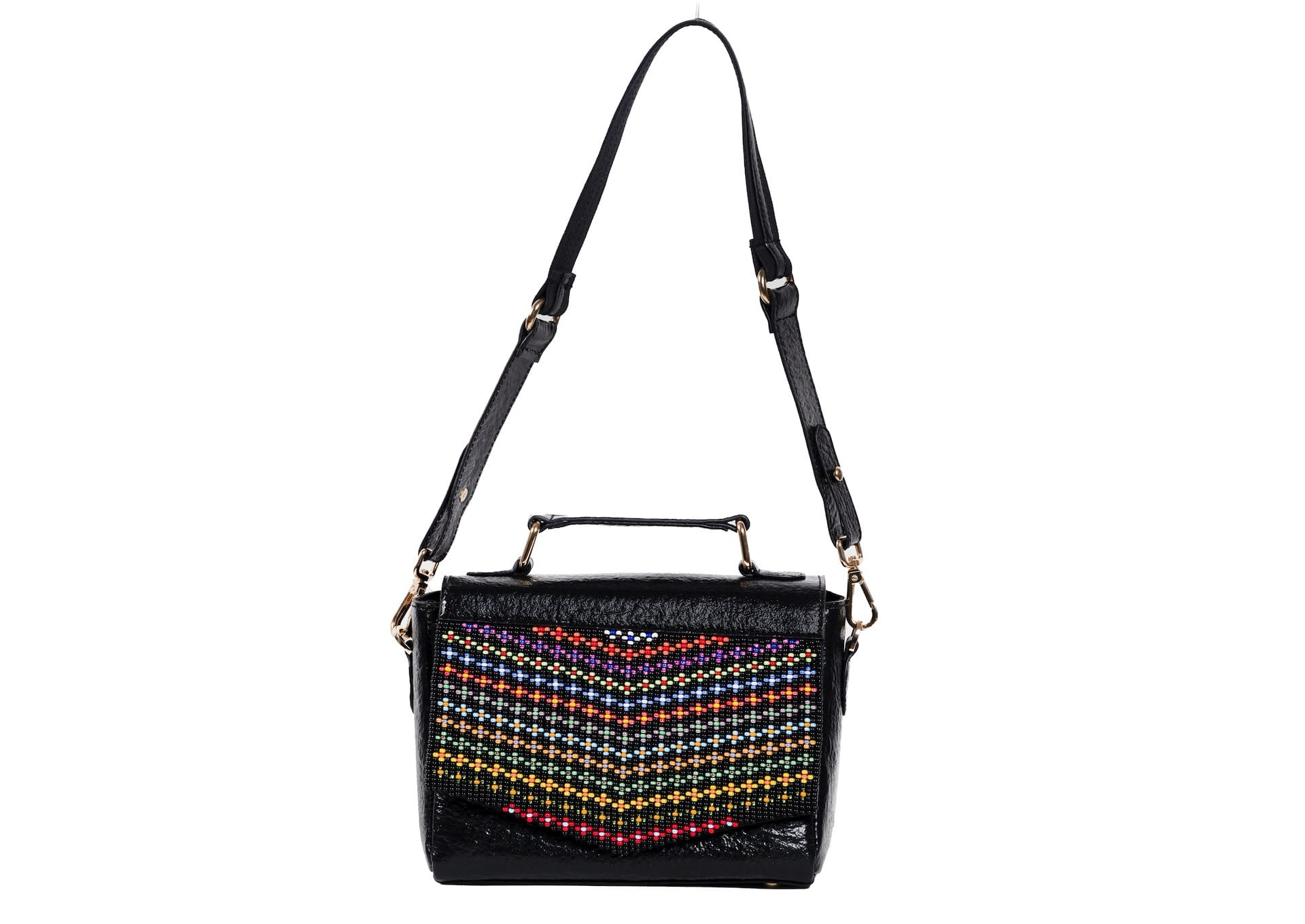 Strap length showcase for traditional Gujarati Toran patterns on a modern handbag, authentic Saurashtra artisanal fashion.