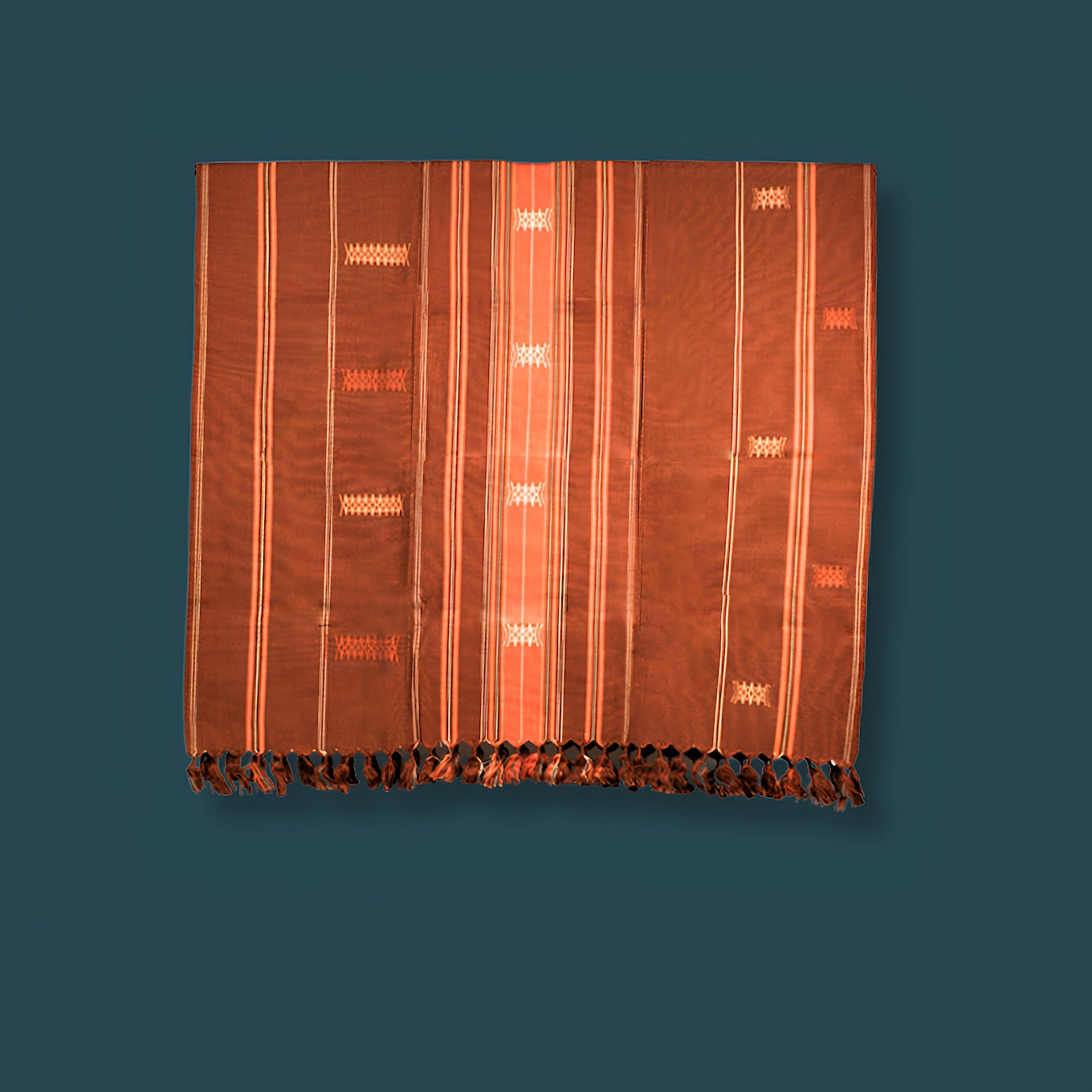 Warm brown and red 100% cotton handwoven throw blanket, traditional Nagaland loin loom textile.