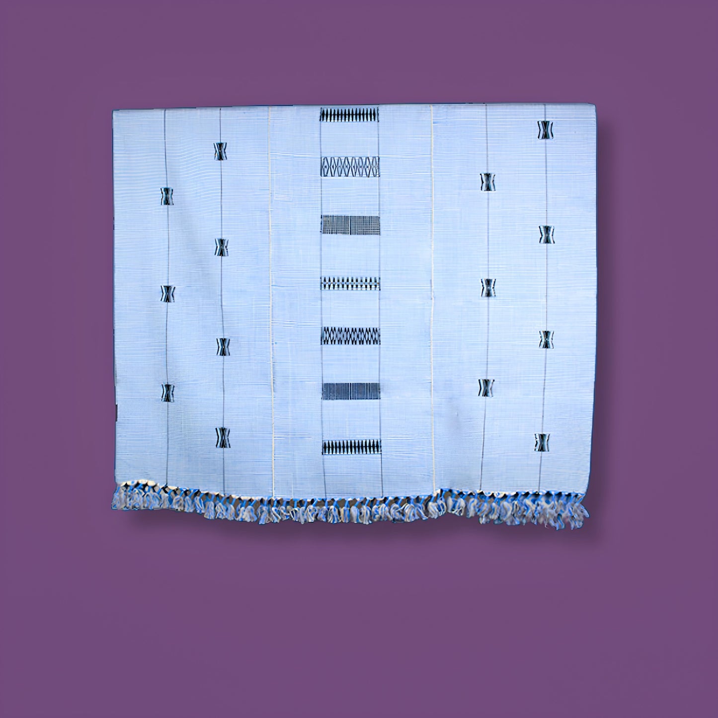 Light blue 100% cotton handwoven throw blanket with purple background, authentic Nagaland loin loom textile.