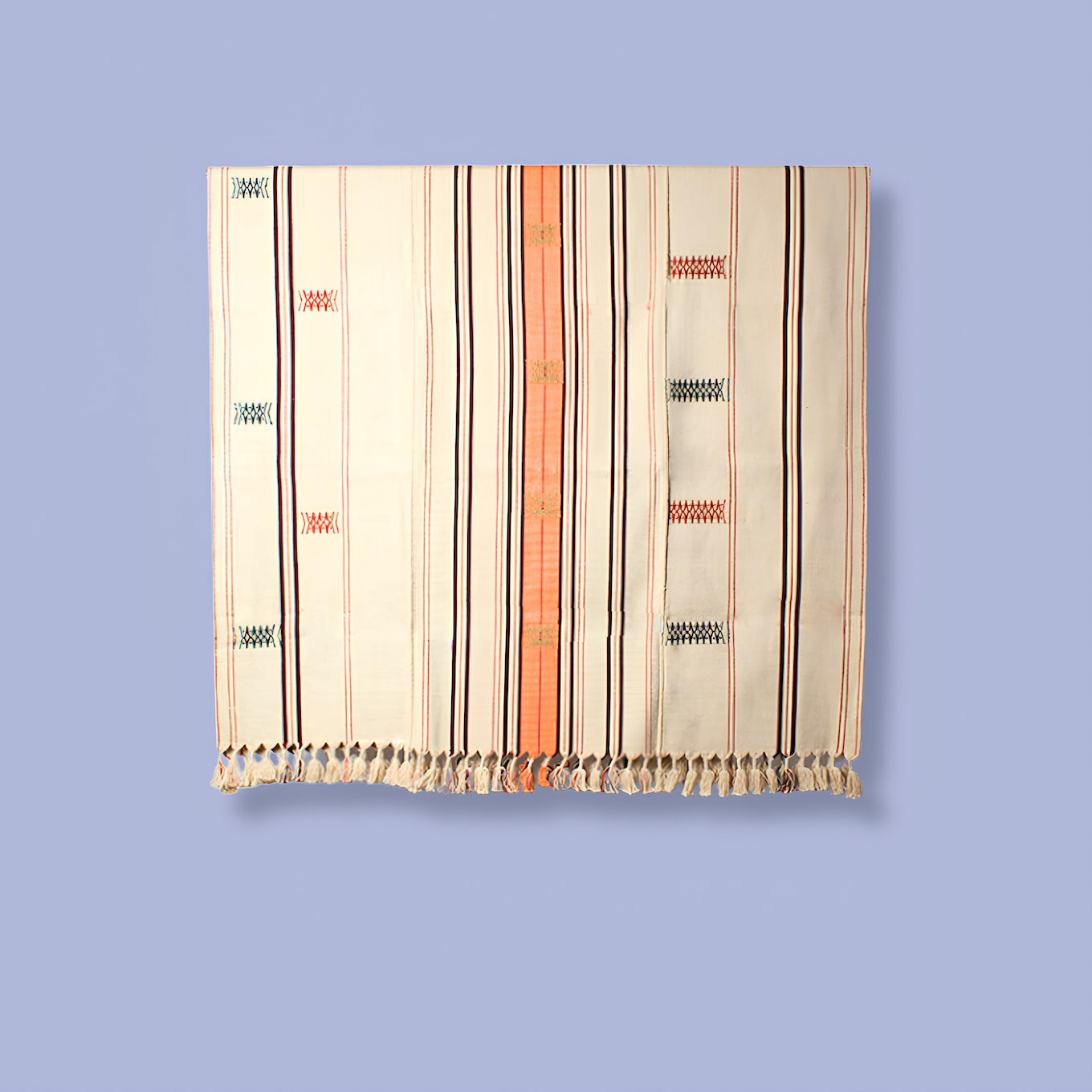 Beige and orange striped 100% cotton handwoven throw blanket, authentic Nagaland loin loom textile.