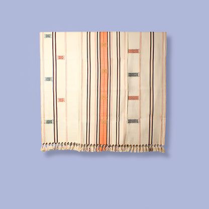 Beige and orange striped 100% cotton handwoven throw blanket, authentic Nagaland loin loom textile.