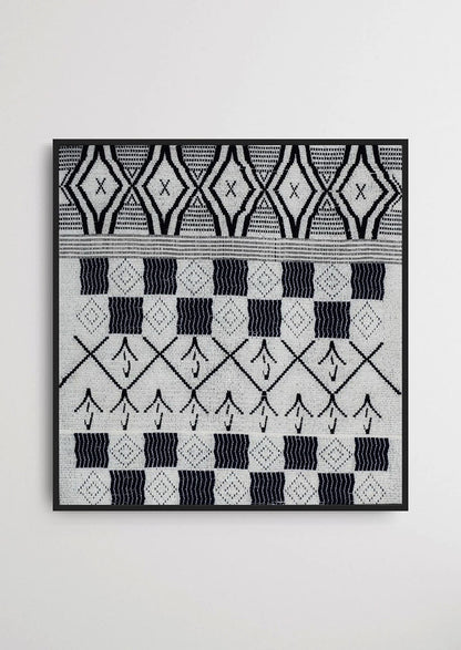 Intricate geometric weaving on a framed cotton textile, premium Indian heritage wall decor.