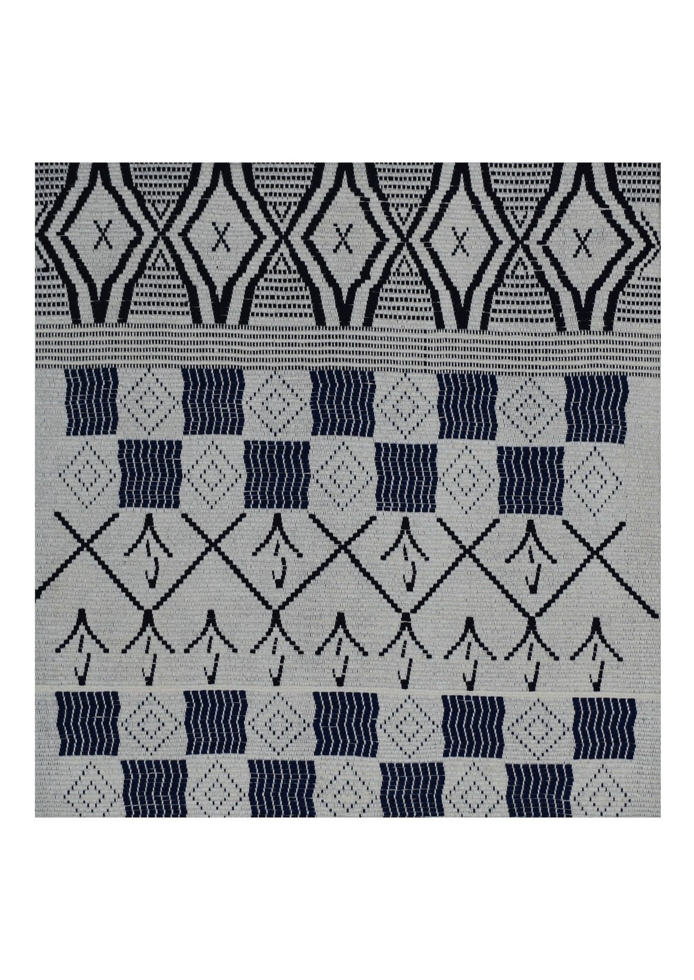 Framed 16x16 inch black and white woven cotton textile, traditional Nagaland backstrap loom art.