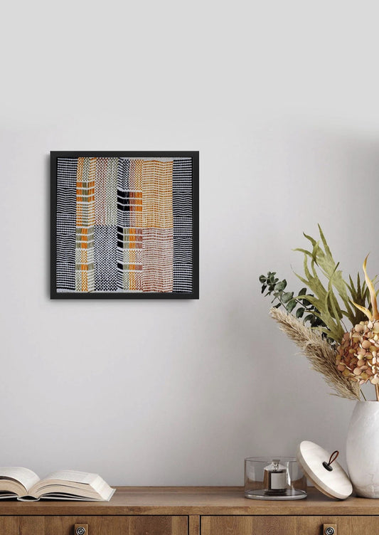 Beautiful weaving craftsmanship on cotton yarn above wooden cabinet, luxury Indian heritage art.