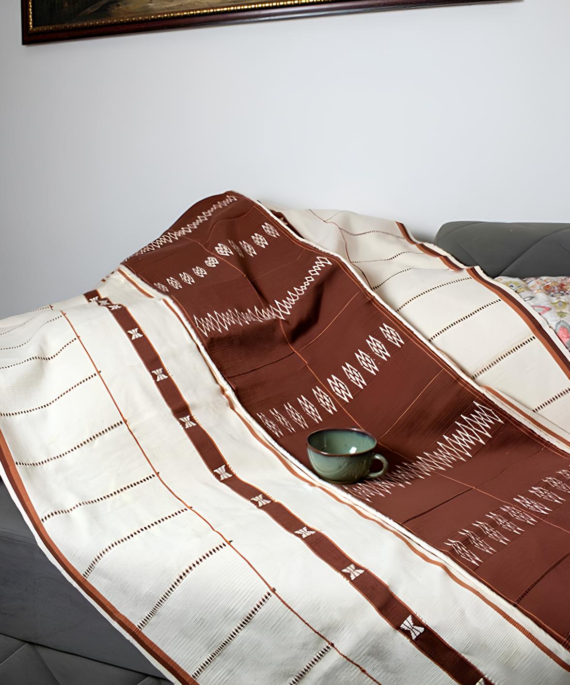 Brown and cream 100% cotton handwoven throw blanket, authentic Nagaland loin loom textile.