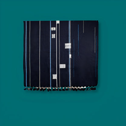 Dark blue 100% cotton handwoven throw blanket, authentic Nagaland loin loom textile.