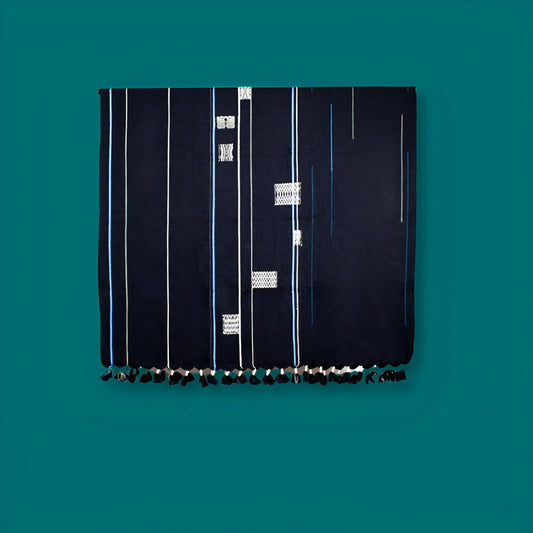 Dark blue 100% cotton handwoven throw blanket, authentic Nagaland loin loom textile.