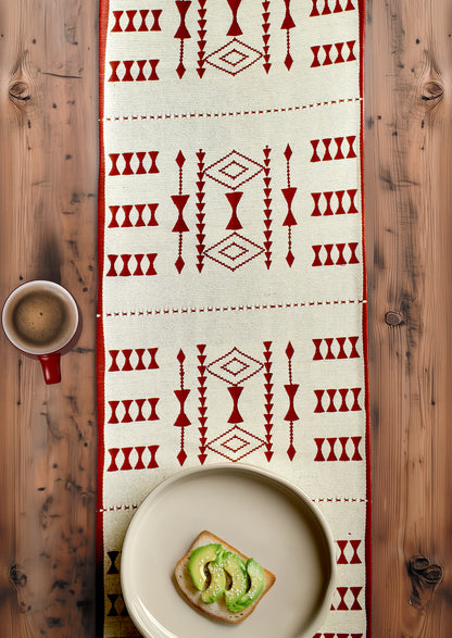 Intricate maroon patterns on traditional Nagaland woven runner, premium Indian dining room decor.