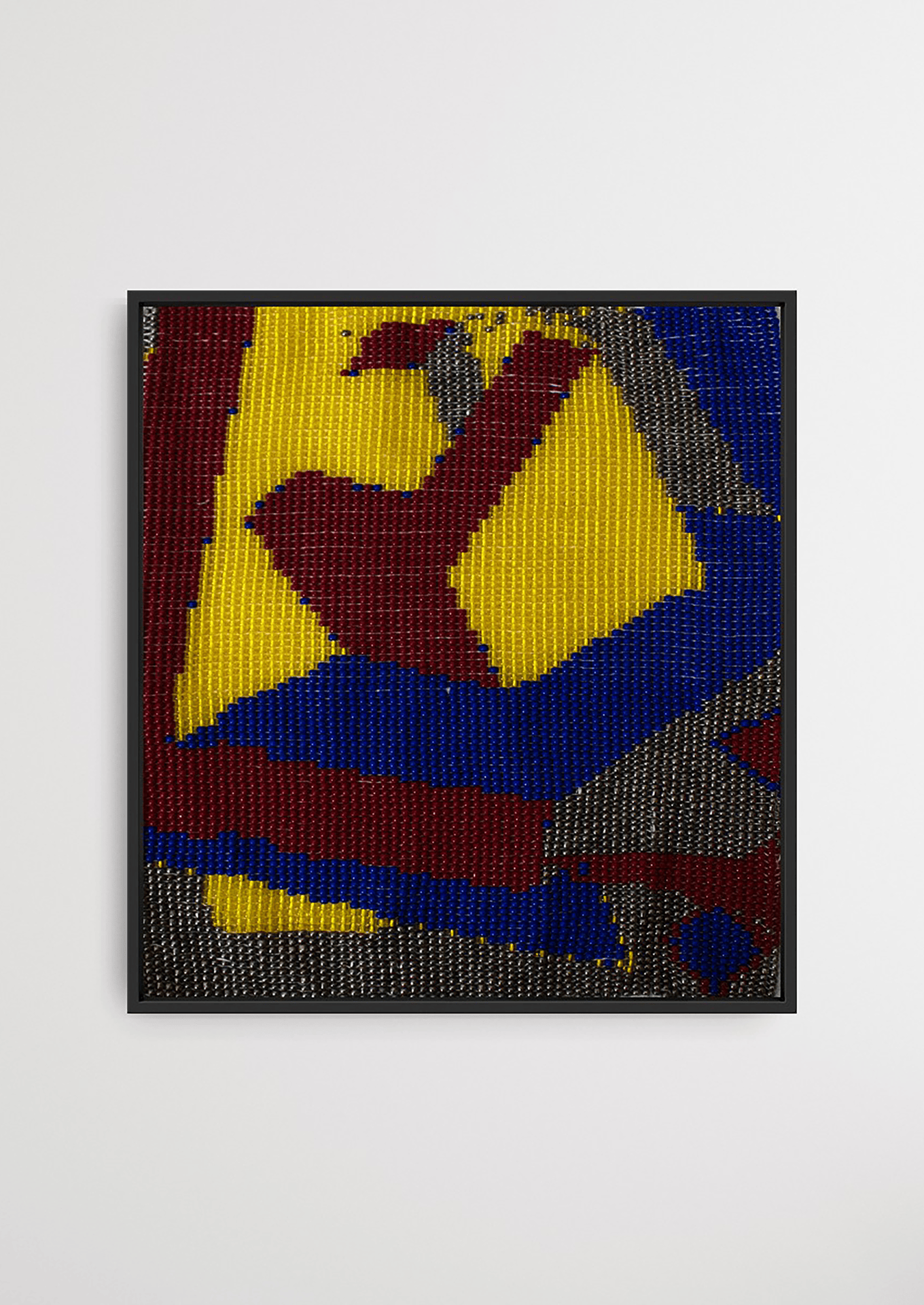 Framed yellow, blue, and red mosaic pattern glass bead artwork, handcrafted Gujarati heirloom decor.