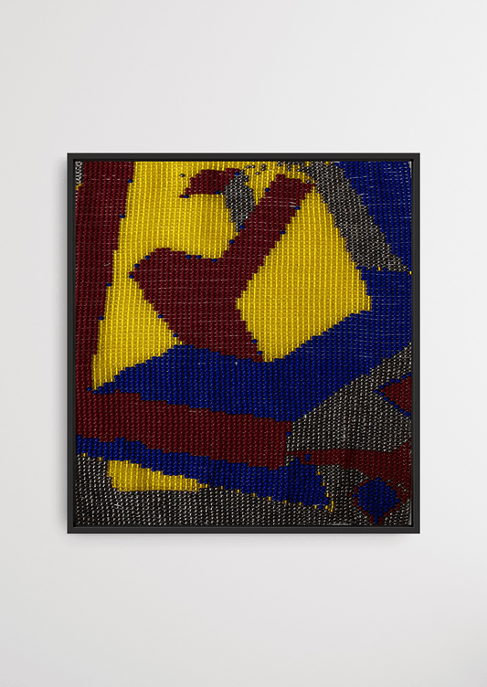Framed yellow, blue, and red mosaic pattern glass bead artwork, handcrafted Gujarati heirloom decor.