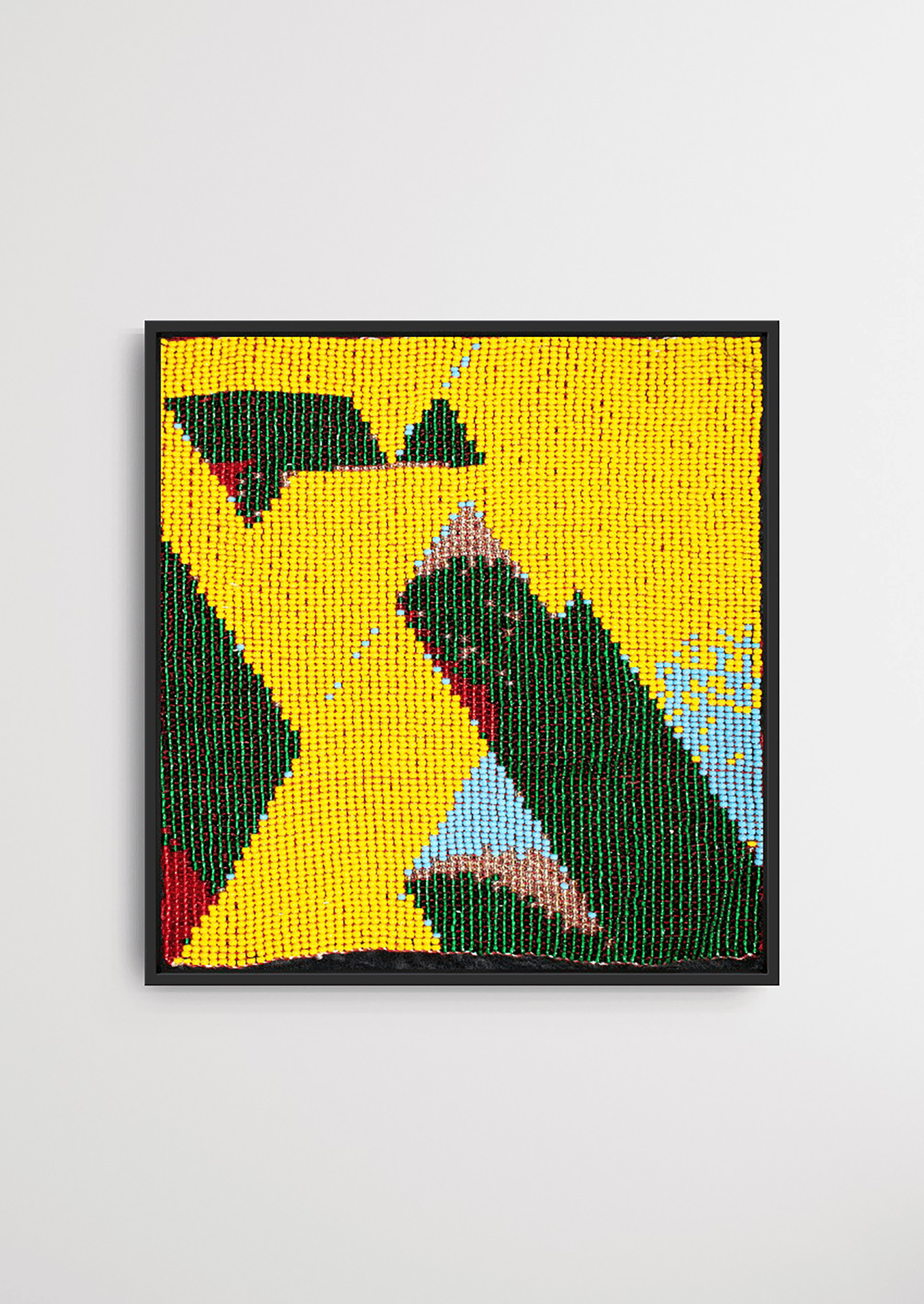 Framed yellow and green wave-pattern glass bead artwork, handwoven Gujarati beadwork wall decor.