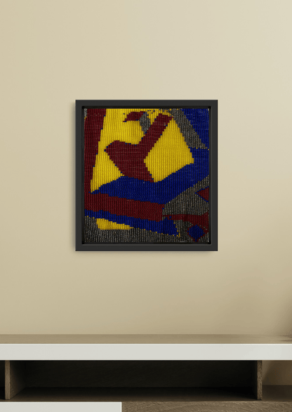 Muted hue mosaic beadwork art styled on a shelf, traditional Indian textile wall decoration.