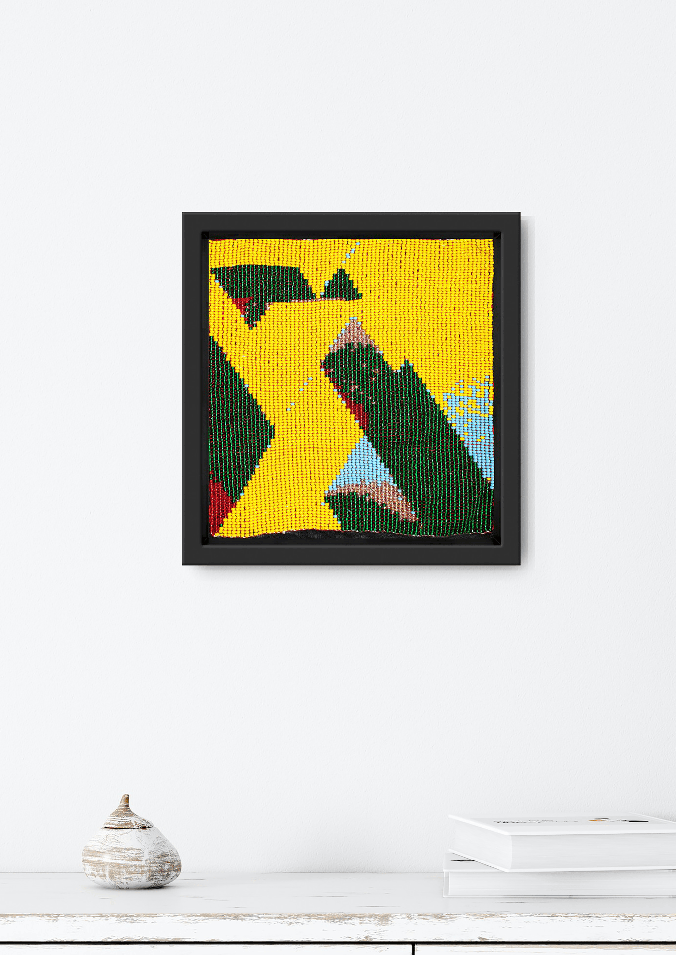 Framed yellow and green wave-pattern glass bead artwork, handwoven Gujarati beadwork wall decor.