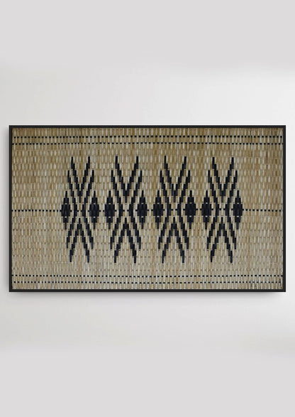 Framed geometric bamboo tribal wall art, authentic North East Indian handicraft decoration.