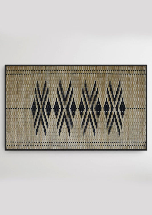 Framed geometric bamboo tribal wall art, authentic North East Indian handicraft decoration.