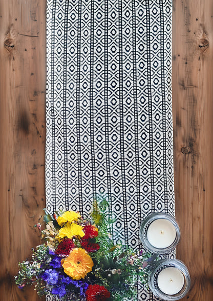 Handwoven 14x70 inch cotton geometric table runner, premium Indian handicraft dining decor.