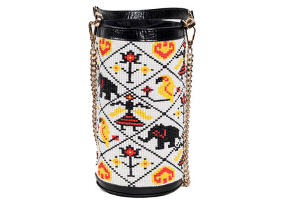 White Variant of Vegan banana fiber bucket bag with intricate Gujarati beadwork, handcrafted premium Indian accessory.