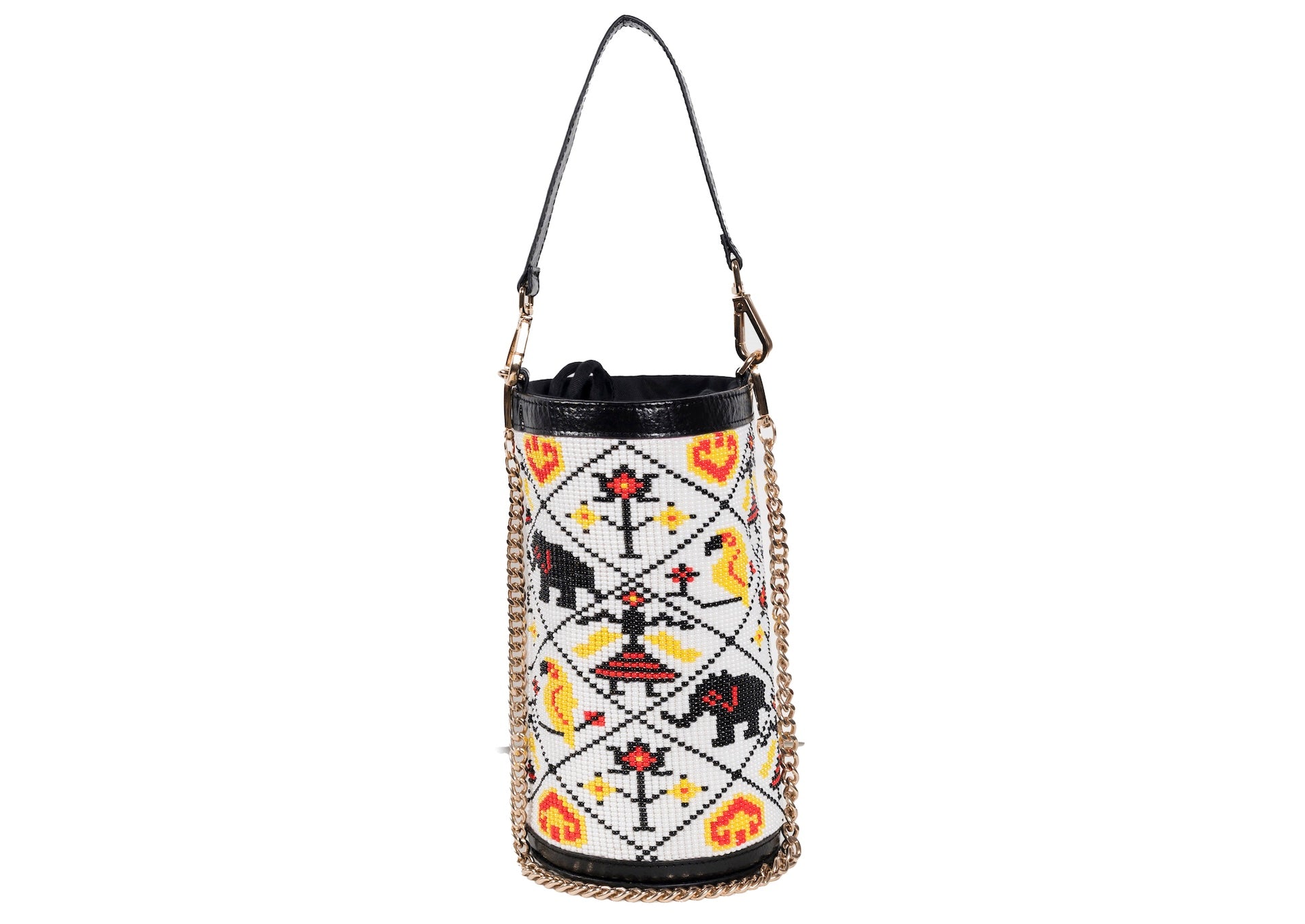 White Variant of Vegan banana fiber bucket bag with intricate Gujarati beadwork, handcrafted premium Indian accessory.